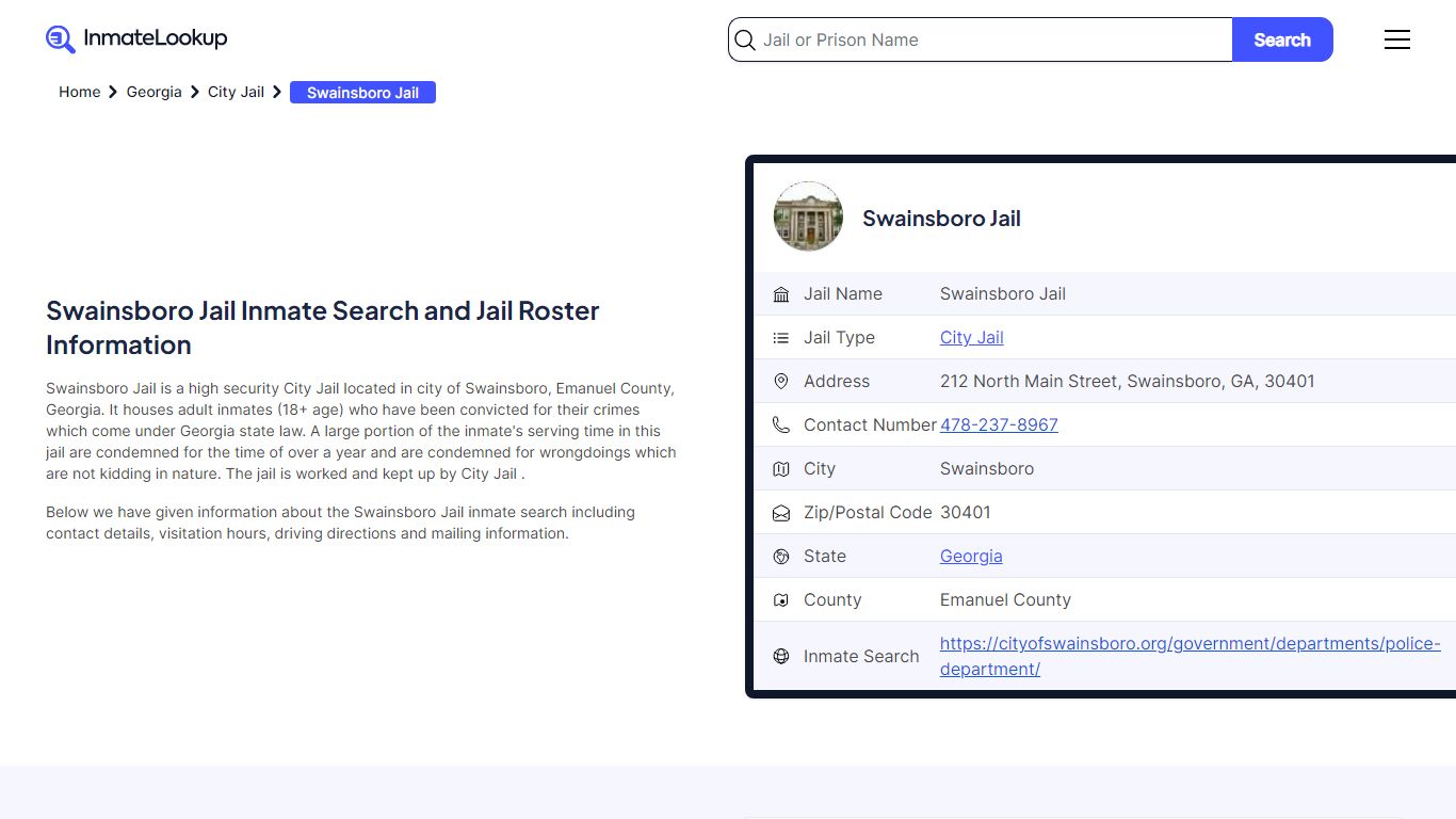 Swainsboro Jail Inmate Search and Jail Roster Information - Inmate Lookup
